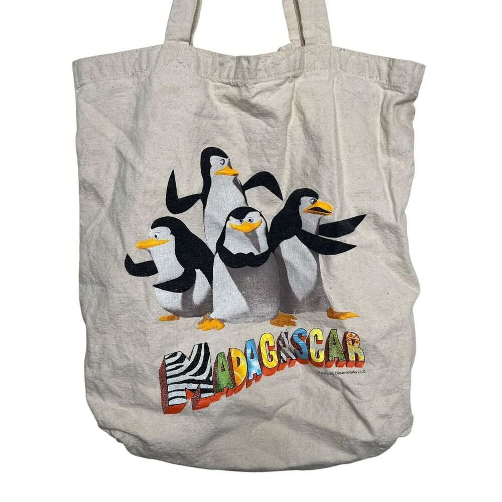 Vintage Madagascar Movie 2005 Canvas Tote Bag FLAW Beige Tan